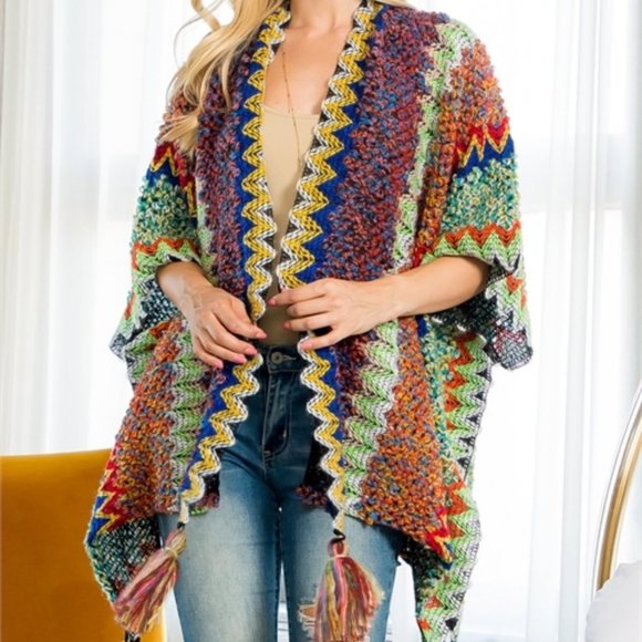 FALL VIBES KNIT ZIGZAG PATTERN TASSEL DETAILED KIMONO MULTI COLOR - Picture 2 of 7